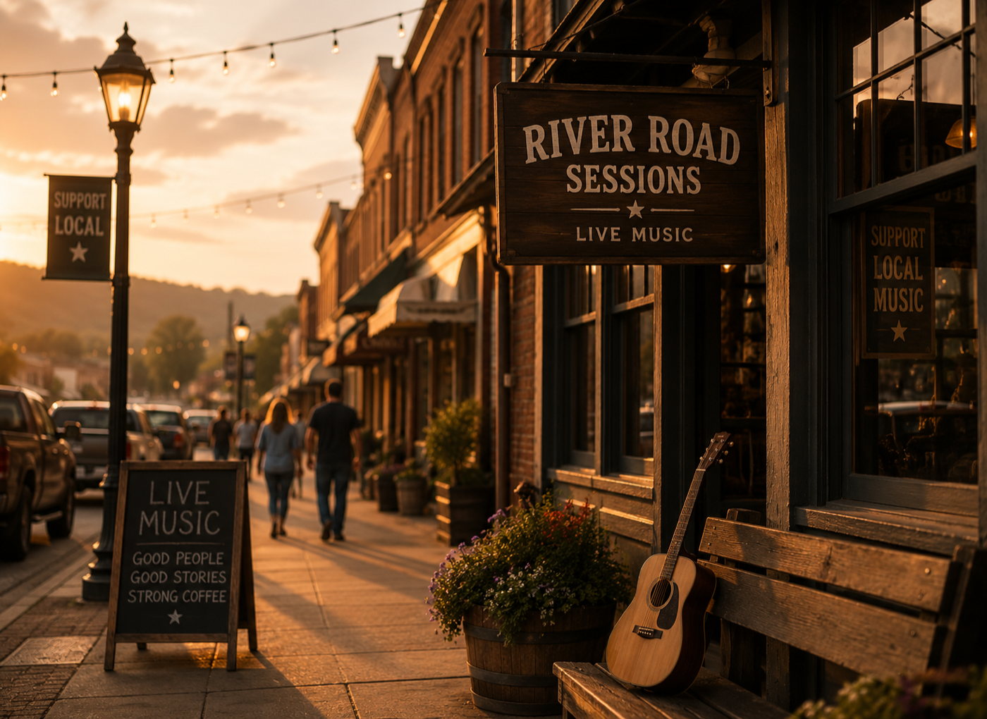 Small-town live music venue with a guitar outside at sunset